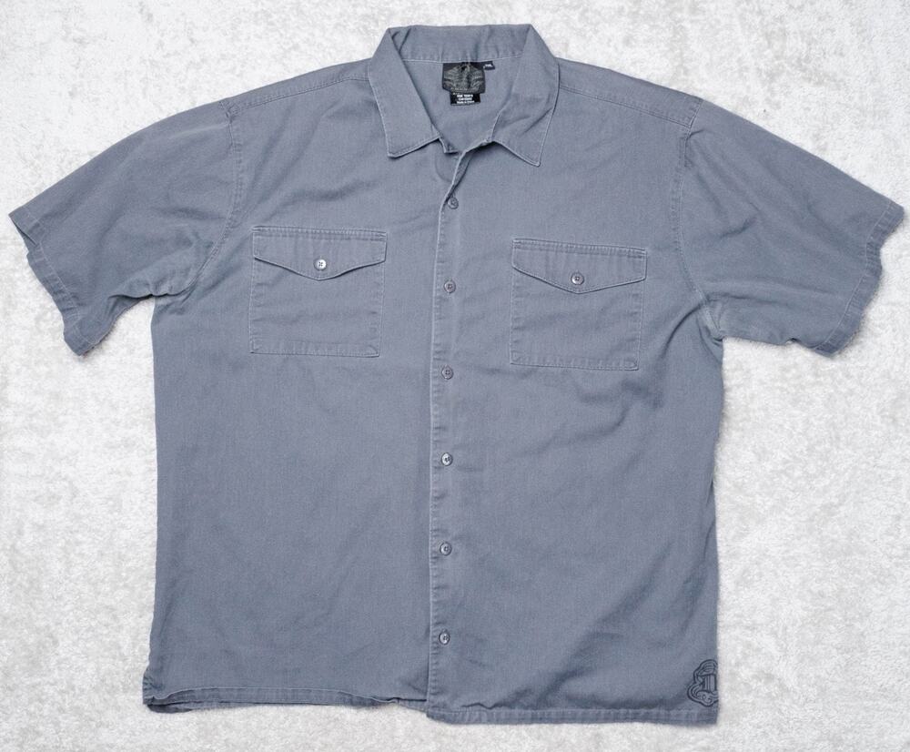 Harley Davidson Gray Graphic Print Button Up Short Sleeve Work Shirt Mens XXLs